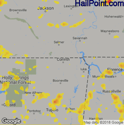 Hail Map for Corinth, MS Region on June 27, 2019