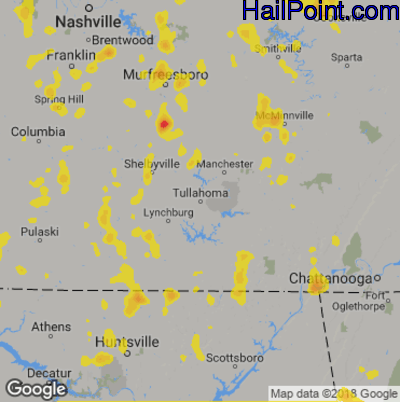 Hail Map for Tullahoma, TN Region on June 27, 2019