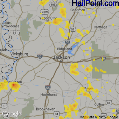 Hail Map for Jackson, MS Region on June 27, 2019