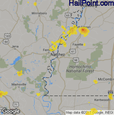 Hail Map for Natchez, MS Region on June 27, 2019 