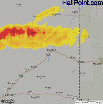 Hail Map for Glendive, MT Region on June 28, 2019 