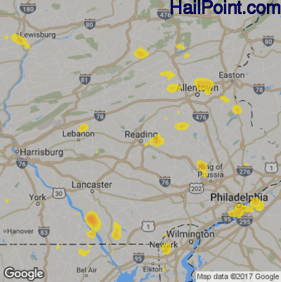 Hail Map for Reading, PA Region on June 28, 2019