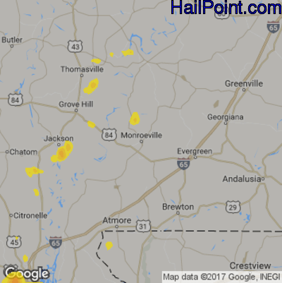 Hail Map for Monroeville, AL Region on June 28, 2019