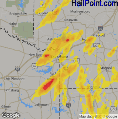 Hail Map for Texarkana, AR Region on June 29, 2019 
