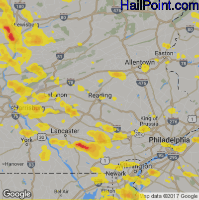 Hail Map for Reading, PA Region on June 29, 2019
