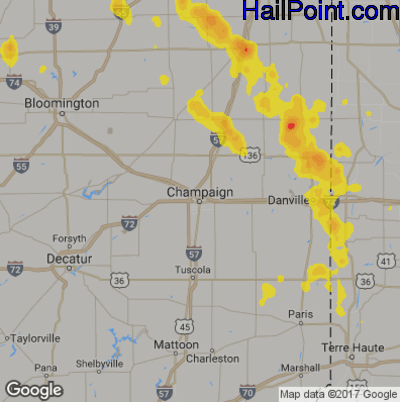 Hail Map for Champaign, IL Region on June 29, 2019