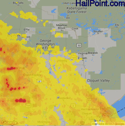 Hail Map for Hibbing, MN Region on June 30, 2019