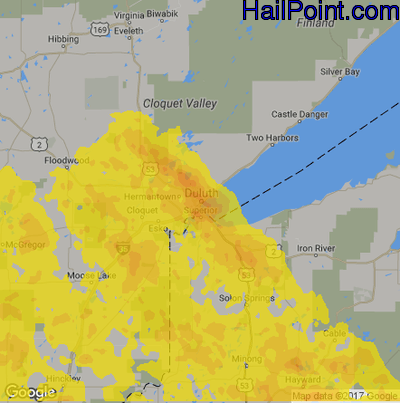 Hail Map for Duluth, MN Region on June 30, 2019
