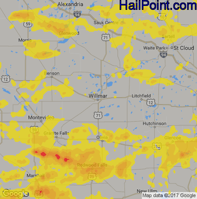 Hail Map for Willmar, MN Region on June 30, 2019