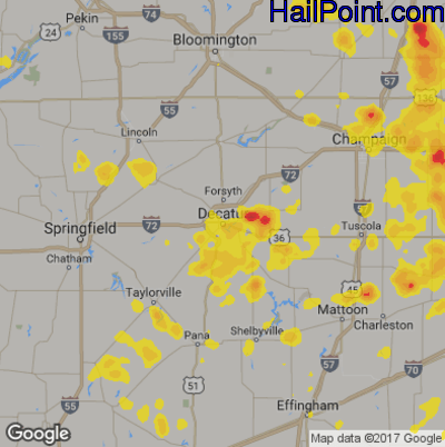 Hail Map for Decatur, IL Region on June 30, 2019