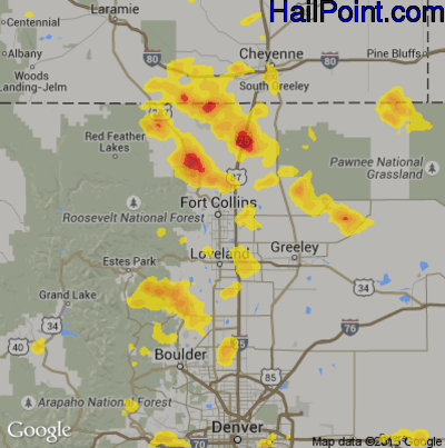Hail Map for Fort Collins, CO Region on July 1, 2019