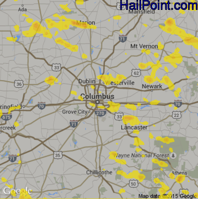 Hail Map for Columbus, OH Region on July 2, 2019
