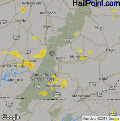 Hail Map for London, KY Region on July 2, 2019