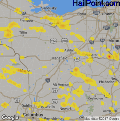 Hail Map for Mansfield, OH Region on July 2, 2019