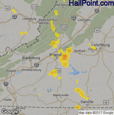 Hail Map for Roanoke, VA Region on July 2, 2019