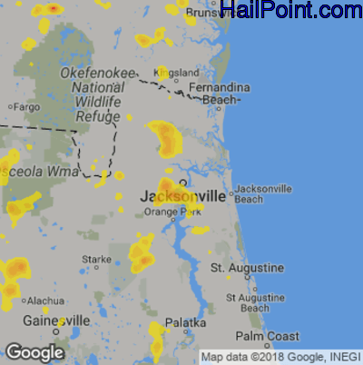 Hail Map for Jacksonville, FL Region on July 3, 2019