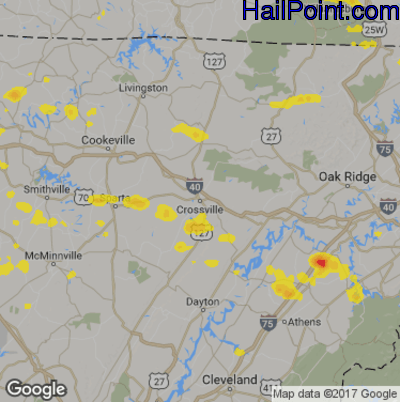 Hail Map for Crossville, TN Region on July 3, 2019