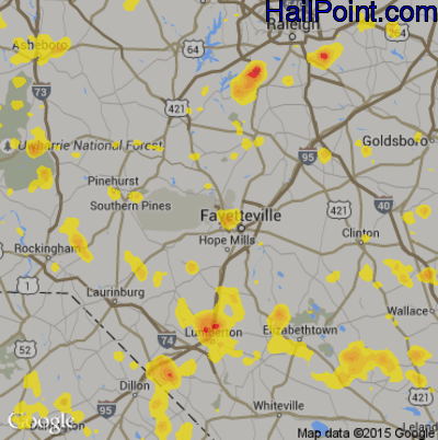 Hail Map for Fayetteville, NC Region on July 4, 2019 