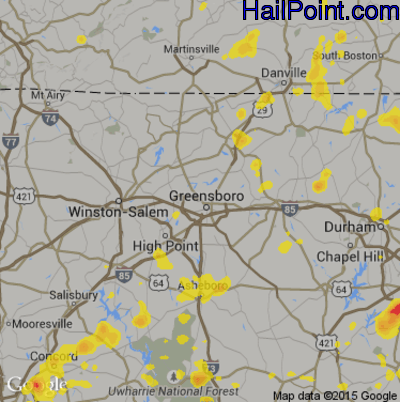 Hail Map for Greensboro, NC Region on July 4, 2019