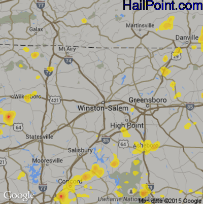 Hail Map for Winston-Salem, NC Region on July 4, 2019