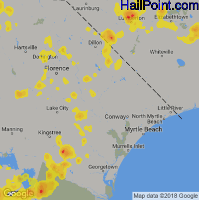 Hail Map for Myrtle Beach, SC Region on July 4, 2019