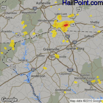 Hail Map for Greenville, SC Region on July 4, 2019 
