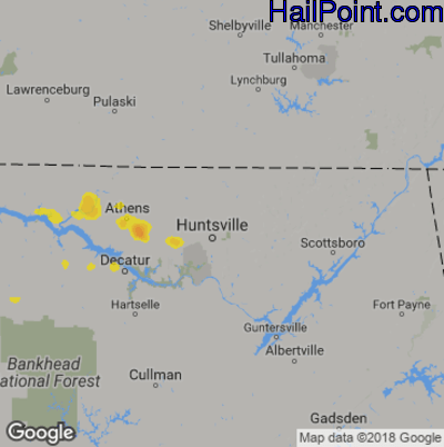 Hail Map for Huntsville, AL Region on July 4, 2019 