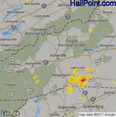 Hail Map for Asheville, NC Region on July 4, 2019
