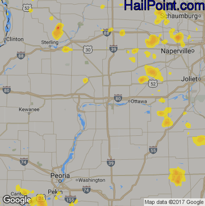 Hail Map for Peru, IL Region on July 14, 2019