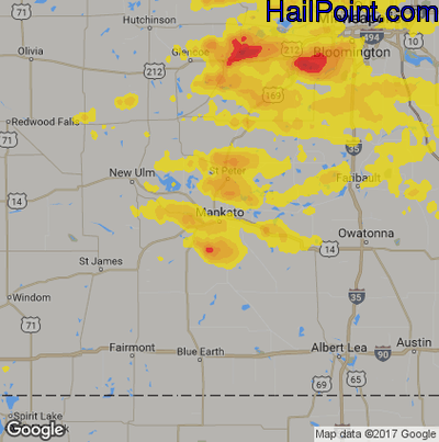 Hail Map for Mankato, MN Region on July 15, 2019