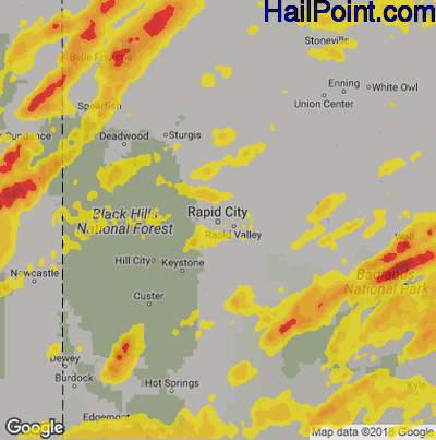 Hail Map for Rapid City, SD Region on July 16, 2019 