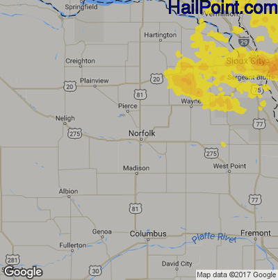 Hail Map for Norfolk, NE Region on July 17, 2019