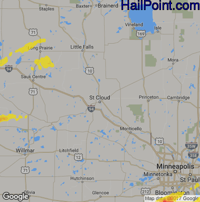 Hail Map for St Cloud, MN Region on July 18, 2019