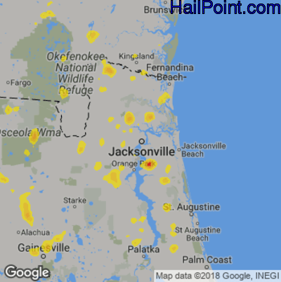 Hail Map for Jacksonville, FL Region on July 19, 2019