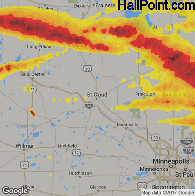 Hail Map for St Cloud, MN Region on July 19, 2019