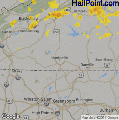 Hail Map for Martinsville, VA Region on July 21, 2019 