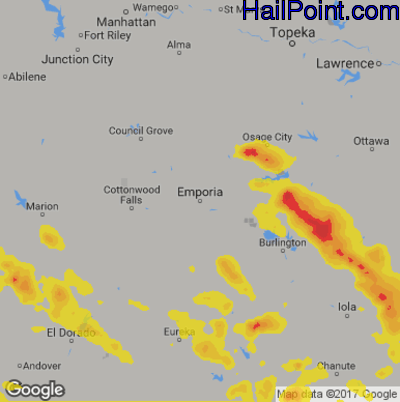 Hail Map for Emporia, KS Region on July 21, 2019