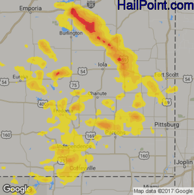 Hail Map for Chanute, KS Region on July 21, 2019 