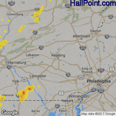 Hail Map for Reading, PA Region on July 30, 2019