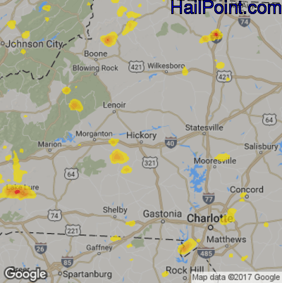 Hail Map for Hickory, NC Region on July 31, 2019