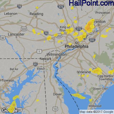 Hail Map for Wilmington, DE Region on July 31, 2019