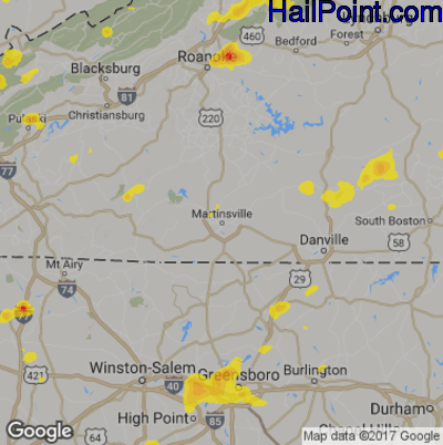 Hail Map for Martinsville, VA Region on July 31, 2019 