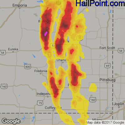 Hail Map for Chanute, KS Region on August 1, 2019