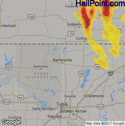 Hail Map for Bartlesville, OK Region on August 1, 2019