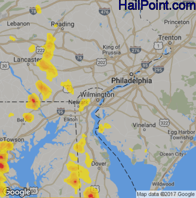 Hail Map for Wilmington, DE Region on August 1, 2019 