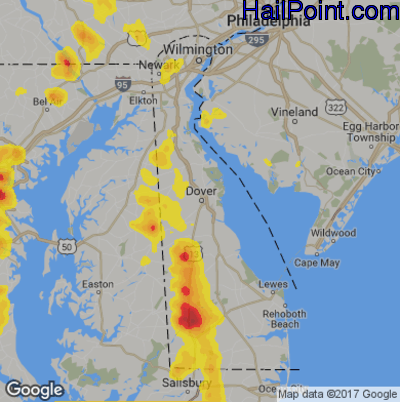 Hail Map for Dover, DE Region on August 1, 2019