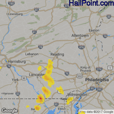 Hail Map for Reading, PA Region on August 1, 2019
