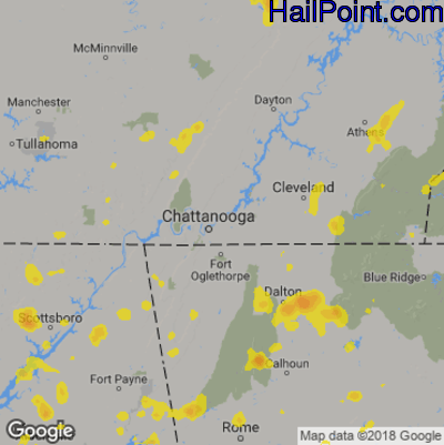 Hail Map for Chattanooga, TN Region on August 1, 2019