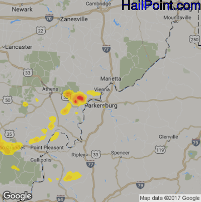 Hail Map for Parkersburg, WV Region on August 1, 2019