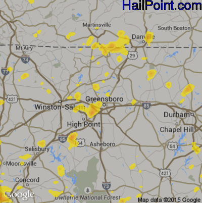 Hail Map for Greensboro, NC Region on August 1, 2019
